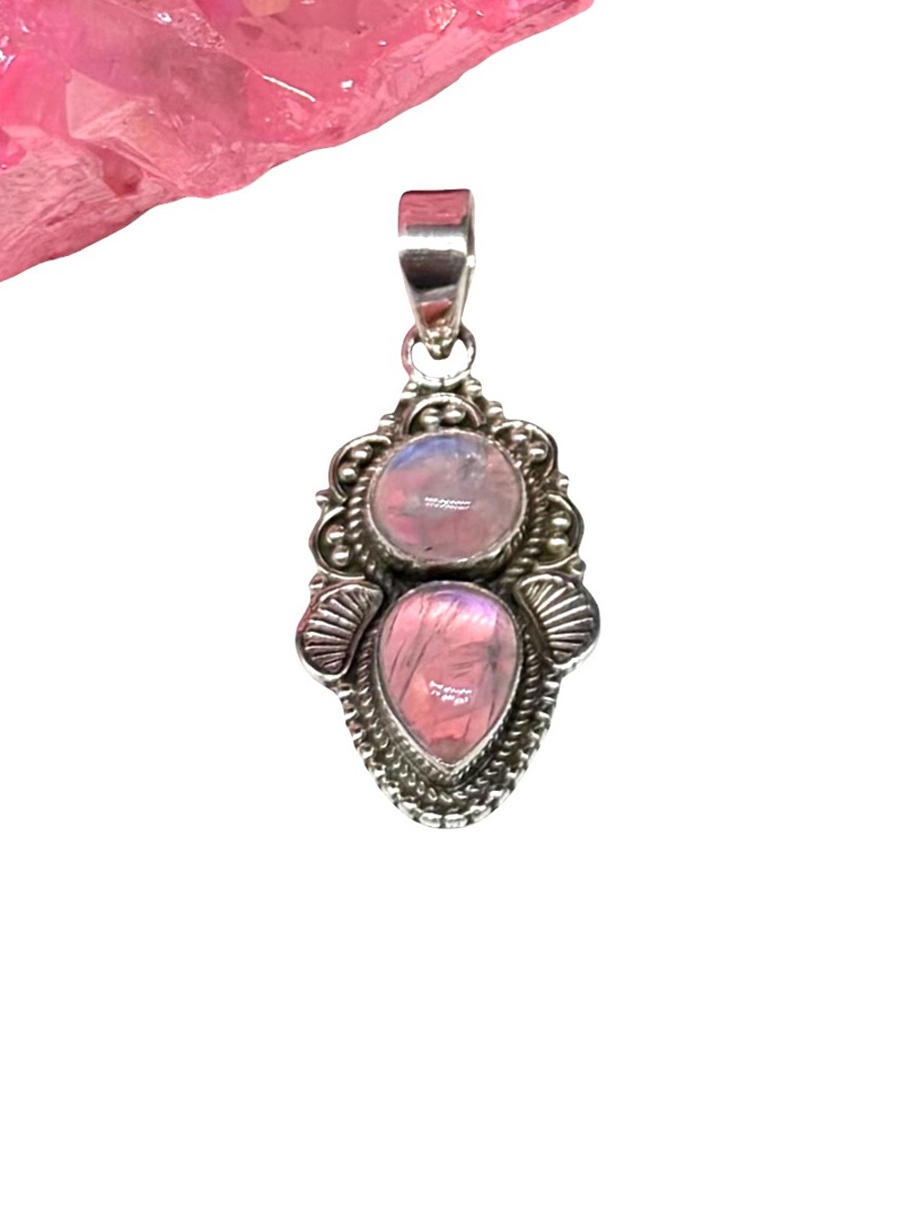 Pink Flash Rainbow Moonstone Necklace Pendant Solid 925 Sterling Silver